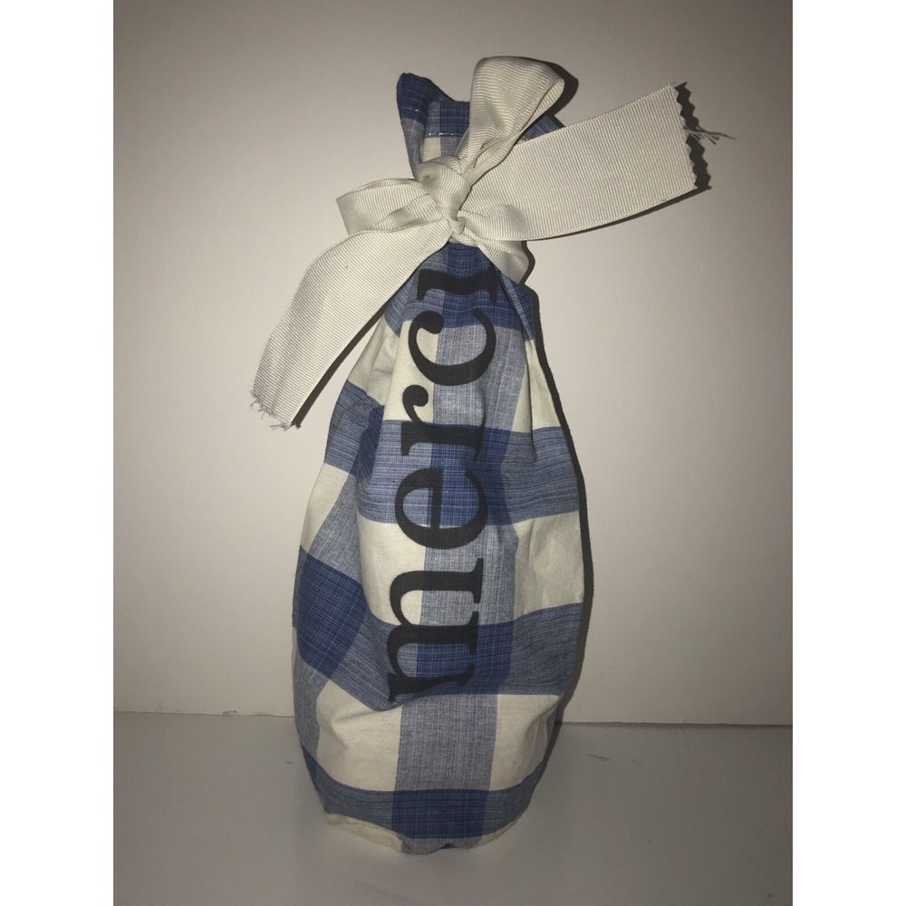 Merci‎ Blue Gingham Wine Bottle Gift Bag Reusable Fabric Sleeve with Ribbon Tie